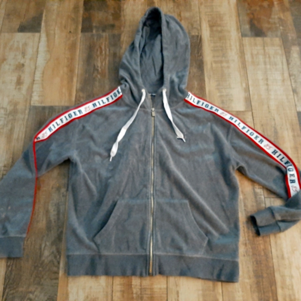 Tommy Hilfiger Sport Velour Zippered Jacket Hoodie Gray Size Small EUC